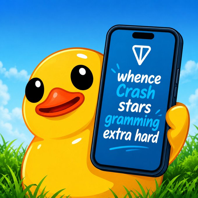 A cheerful yellow duck mascot holds a smartphone displaying the text "whence Crash stars gramming extra hard" with a Telegram-style logo, symbolizing the speculative optimism around memecoin growth on the Telegram ecosystem.
