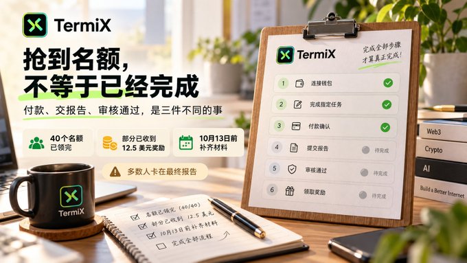 A promotional graphic for TermiX in Chinese, explaining that reserving a spot doesn't equal completion, with a checklist showing completed steps (1-3) and pending steps (4-6), alongside a branded mug, notebook, and clipboard.