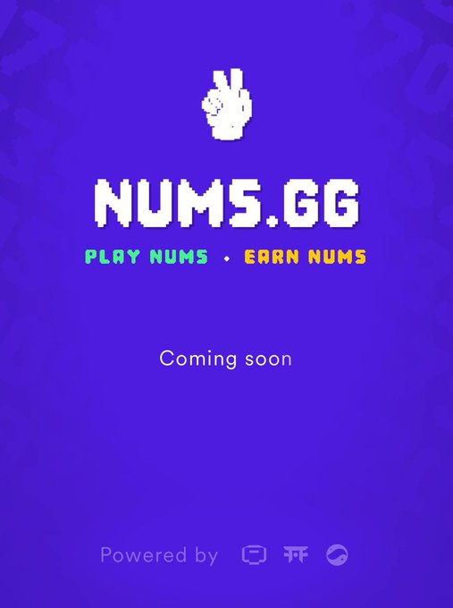 Promotional image for 'NUMS.GG' with pixel art styling and the tagline 'PLAY NUMS • EARN NUMS', indicating it is coming soon.