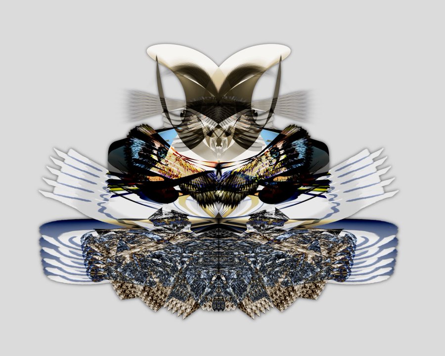A symmetrical, abstract digital art piece with mirrored elements resembling butterfly wings, mechanical or feathered textures, and a central dark, jagged crystal shape.