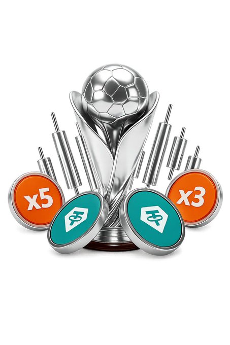 In this image, there are several coins featuring logos of a soccer ball, soccer jersey, football trophy, and a price tag for x5 3x3 trading contracts. These images are likely related to an advertisement or promotional piece targeting fans of soccer games. The central focus is on the soccer balls with different designs, accompanied by price tags that demonstrate how much they can be bought in exchange for 3 or 5 x5 3x3 trading contracts. This suggests a partnership between the soccer game and financial services company to predict match outcomes and enable investors to speculate on potential gains from the event's outcome.