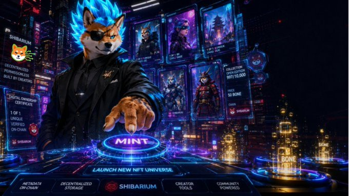 Vibrant NFT promotional artwork featuring a Shiba Inu character in a suit, with character cards, a glowing 'MINT' button, and 'LAUNCH NEW NFT UNIVERSE' / 'SHIBARIUM' text.