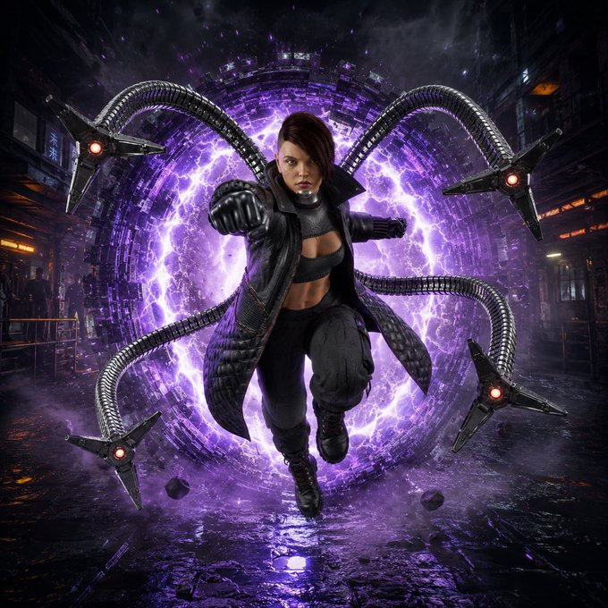 A digital illustration depicts a female character in a long coat reaching forward, surrounded by mechanical tentacles emerging from a swirling purple energy portal in a dark city street.