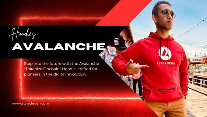 A promotional graphic for the Avalanche "Tokenize Onchain" Hoodie, featuring a man wearing the red hoodie with the Avalanche logo, with text at www.styledegen.com.