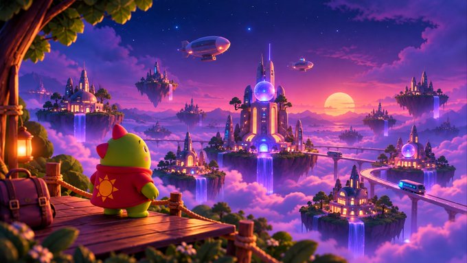 A digital illustration depicts a cute green character with a sun emblem on its back, looking out from a wooden balcony at a magical sky kingdom with floating islands, castles, and zeppelins.