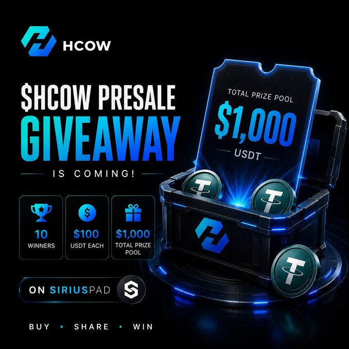 An HCOW $HCOW Presale Giveaway advertisement on SiriusPad featuring a total prize pool of $1,000 USDT for 10 winners ($100 USDT each), shown with a glowing digital treasure chest of coins.