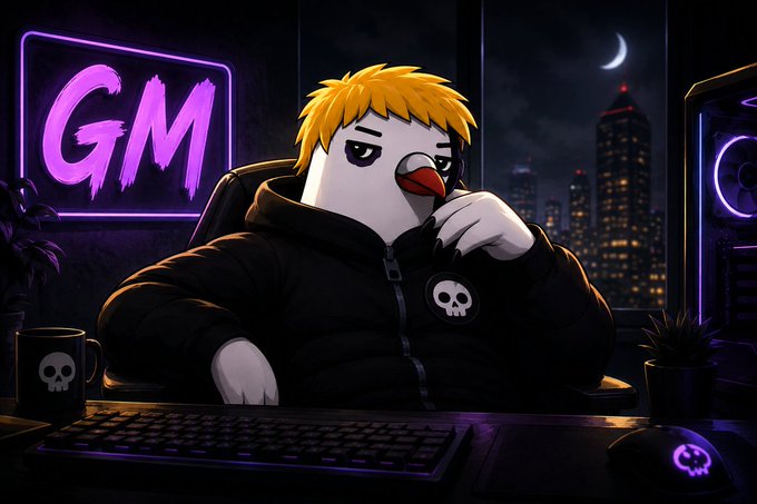 An anime-style digital artwork featuring a white bird character with yellow hair wearing a black skull hoodie, sitting at a gaming setup with a neon 'GM' sign and a nighttime cityscape in the background.