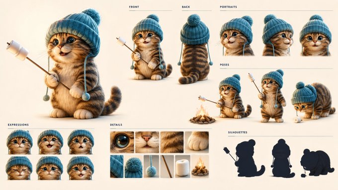 A character design reference sheet for an orange tabby cat wearing a blue knit beanie, displaying front/back views, portraits, poses, expressions, details, and silhouettes.