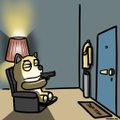 A cartoon depicts a character hiding behind a couch while pointing a handgun toward an intruder breaking in through the door. The humorous meme ties into the post about self-custody security by suggesting firearms training as a personal "security solution," played for comedic effect.