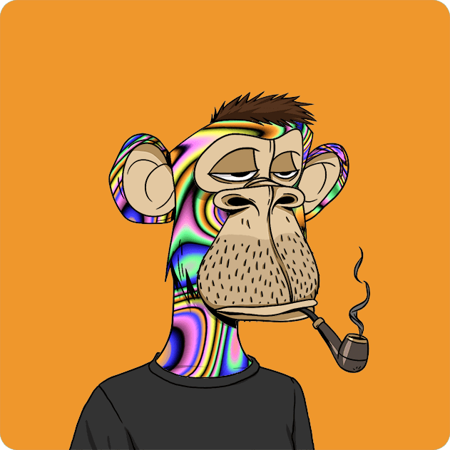 A bored-looking cartoon ape with a multicolored psychedelic face and brown hair smokes a pipe against an orange background, representing Bored Ape Yacht Club #4380 which was purchased for 35 ETH, as indicated by the transaction details and OpenSea collection link in the caption.