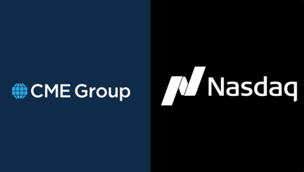 The image features two logos side by side, one representing CME Group and the other representing Nasdaq. The CME Group logo displays a blue circle with a globe inside, while the Nasdaq logo shows a white "N" against a black background. Both logos are positioned on a gray background, making them stand out prominently.