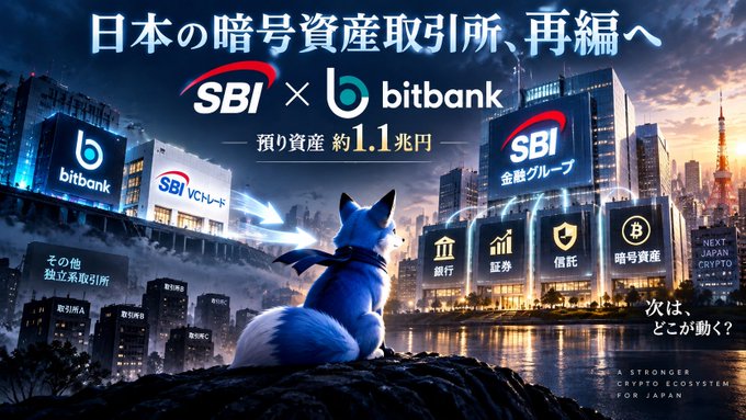 The image is a promotional graphic depicting Japan's cryptocurrency exchange industry consolidation, featuring a Shiba Inu dog overlooking a futuristic Tokyo skyline at dusk with illuminated buildings labeled "bitbank," "SBI VC Trade," and "SBI 金融グループ" (SBI Financial Group), alongside icons representing banking (銀行), securities (証券), trusts (信託), and crypto assets (暗号資産), with smaller buildings representing other independent exchanges (その他の独立系取引所) including "取引所A" (Exchange A) and "取引所C" (Exchange C). The Japanese headline reads "日本の暗号資産取引所、再編へ" (Japan's Cryptocurrency Exchanges, Toward Restructuring), with text highlighting SBI × bitbank and "預かり資産 約1.1兆円" (assets under custody approximately 1.1 trillion yen), along with "次は、どこが動く?" (Who's next?) and the tagline "A STRONGER CRYPTO ECOSYSTEM FOR JAPAN," visually illustrating the post's message about SBI's planned full acquisition of
