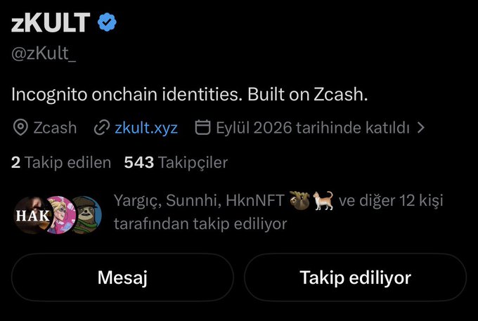 Twitter/X profile page for "zKULT" (@zKult_) with the description "Incognito onchain identities. Built on Zcash," showing 543 followers and account joined September 2026.