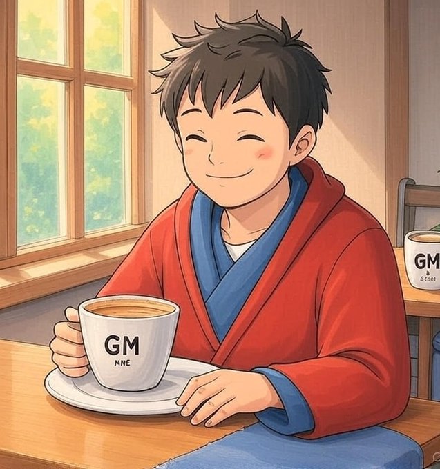 An anime-style illustration of a smiling boy with dark hair wearing a red robe, holding a white mug labeled 'GM' while sitting at a wooden table.