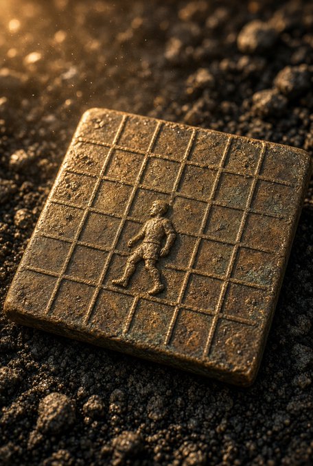 A small bronze or metal square tile featuring a relief of a humanoid figure on a grid background rests on dark soil illuminated by warm sunlight.