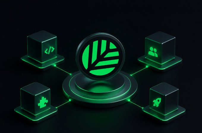 A green neon 3D illustration of a leaf logo on a circular platform connected to four cubes displaying code, users, puzzle, and rocket icons.
