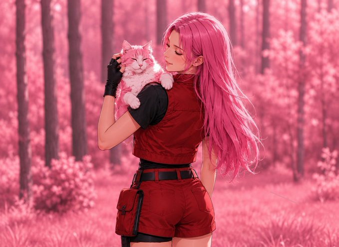 An anime-style illustration of a girl with long pink hair holding a pink and white cat in a vibrant pink forest.