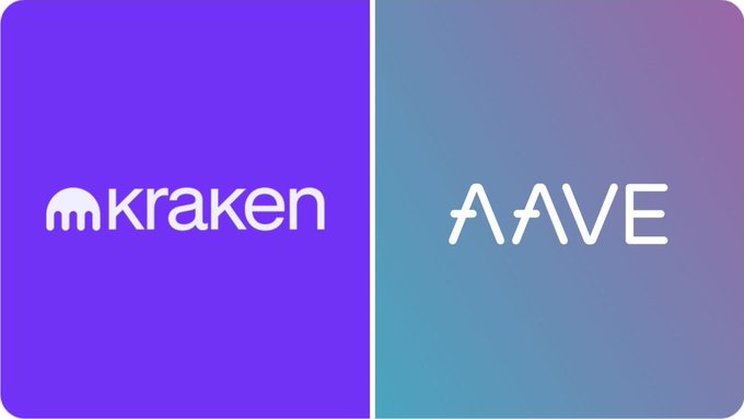 The image displays the logos of "kraken" and "AAVE" side by side on a purple-to-blue gradient background, visually representing the news of Kraken's potential acquisition of a 15% stake in Aave at a $385 million valuation.