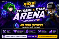 The image features a poster for an extreme game tournament, set at the Voxie Tactics arena. The poster has two characters playing against each other: one dressed as a dragon with green skin and blue eyes, representing an elf, and another one dressed in white robes and black hair, symbolizing a wizard. The text on the poster indicates that the players are aiming to outscore their opponent from the previous day's version of themselves, who is already 50,000 points ahead. Participants can win $40,000 and other rewards for reaching this milestone.