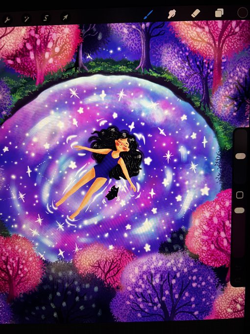 A digital illustration shows a dark-haired figure floating peacefully inside a glowing purple cosmic pool surrounded by vibrant pink and purple trees, with their small black cat floating beside them. The artwork is being created in a drawing app (Procreate) as a work-in-progress piece titled "Luminous Dreams," soon to be released on Transient Labs.