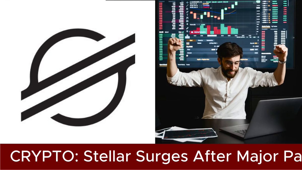 The image shows a man sitting at a desk, using his laptop while surrounded by computer equipment and monitors displaying stock market data. In the background, there's a logo for the token called "Cypto: Stellar Surges After Major Payroll Expansion". The text on this logo indicates that the token was recently purchased for 13% above its last value of $XLM.