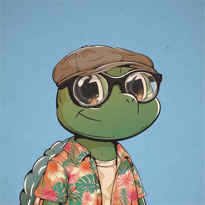 urn of a turtle with a brown hat, glasses, and a floral shirt stands against a blue background.