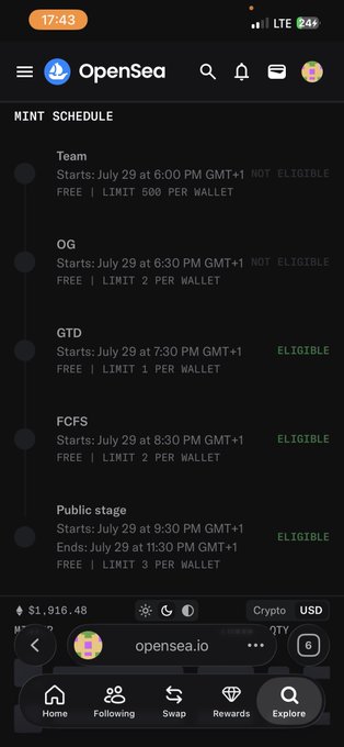 A screenshot of the OpenSea mobile app showing the mint schedule for an NFT collection, with eligibility statuses indicating the user is eligible for GTD (7:30 PM GMT+1), FCFS (8:30 PM GMT+1), and Public stage (9:30 PM GMT+1) phases on July 29. The schedule aligns with the post about preparing to mint the @MonkeyHoodNFT collection.