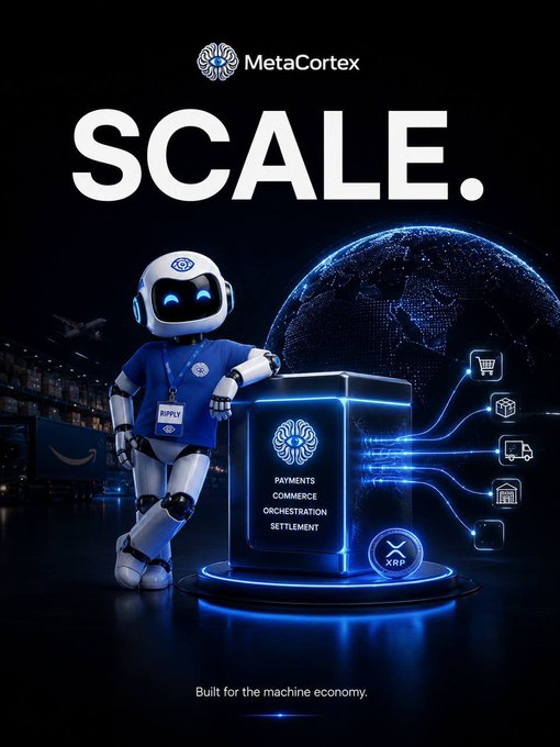 A promotional graphic for 'MetaCortex' with the word 'SCALE.' prominently displayed, featuring a robot character leaning on a glowing cube labeled 'PAYMENTS COMMERCE ORCHESTRATION SETTLEMENT' with 'Built for the machine economy' at the bottom.