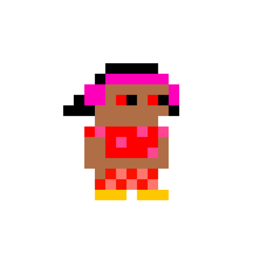 A small pixel art character with brown skin, wearing a pink headband, red top, and yellow boots, standing against a white background.
