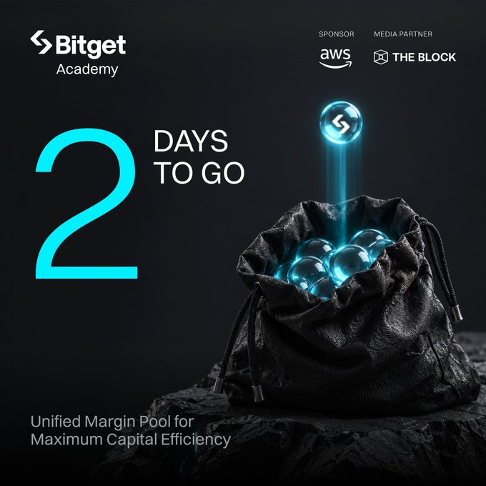 A Bitget Academy promotional graphic counting down "2 DAYS TO GO" with sponsor AWS and media partner The Block, featuring a black drawstring bag filled with glowing blue spheres (one rising from the bag) to symbolize the upcoming launch of a "Unified Margin Pool for Maximum Capital Efficiency" ahead of the #BitgetINSAwards on October 5.