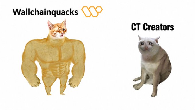 A meme comparing 'Wallchainquacks' (depicted as a muscular buff orange cat with the logo) versus 'CT Creators' (a thin white cat).