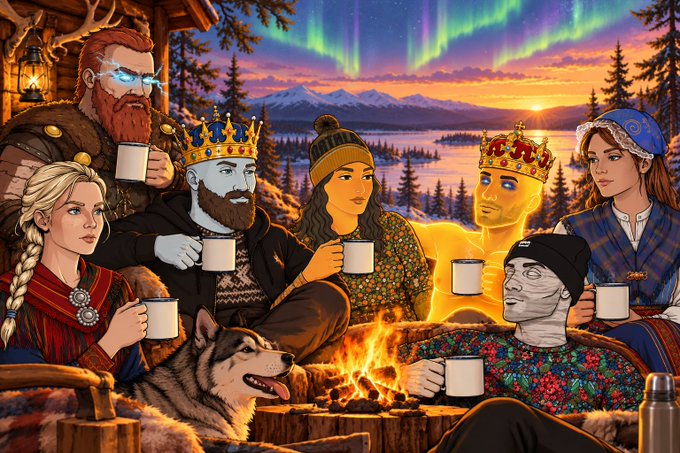 A colorful digital illustration depicting a group of fantasy and pop-culture characters, including a king with a crown and glowing figure, gathered around a campfire under an aurora-lit sky, all holding mugs.