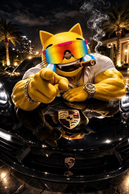 Stylized image of a muscular cat emoji character wearing sunglasses, smoking a cigar, and leaning on a black Porsche with a luxury cityscape in the background.