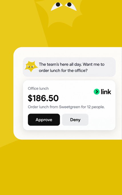 A "Link" payment notification showing a $186.50 office lunch order request from Sweetgreen for 12 people, with Approve/Deny buttons—illustrating how AI agents are abstracting purchasing decisions into simple one-tap approvals.
