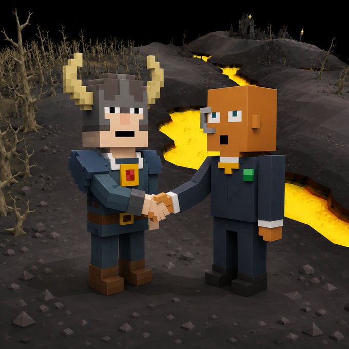 3D voxel-style rendering of two blocky businessmen in suits shaking hands against a dark volcanic landscape with flowing lava.