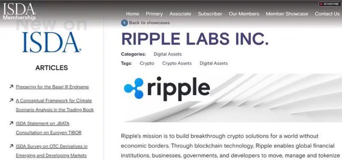 The image shows the ISDA (International Swaps and Derivatives Association) website featuring Ripple Labs Inc. as a member, categorized under Digital Assets with tags for Crypto, Crypto Assets, and Digital Assets. This supports the post about Ripple joining ISDA, the global derivatives association behind the $1.2+ trillion derivatives market alongside major institutions like BlackRock, J.P. Morgan, and Goldman Sachs.