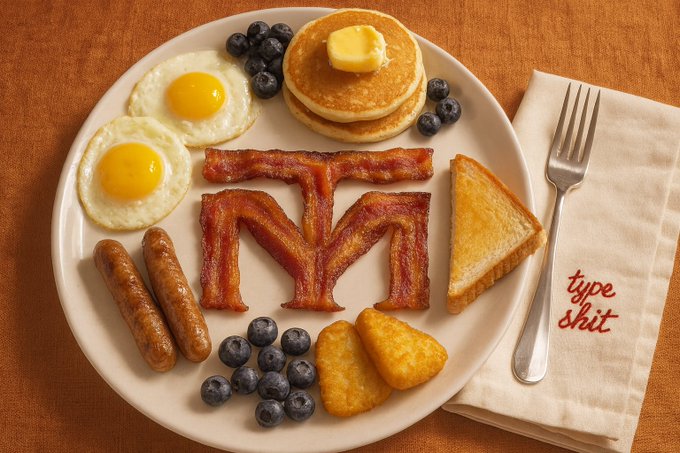 A breakfast plate featuring sunny-side up eggs, sausages, blueberries, hash browns, toast, and pancakes, with bacon arranged to form the letter "M"; a napkin on the side reads "type shit" in red text.