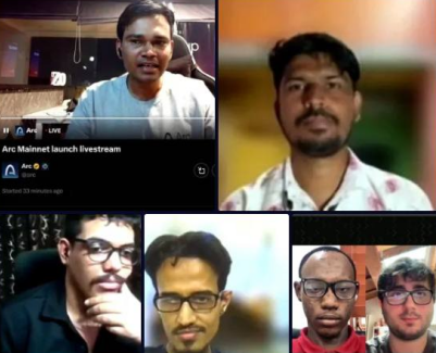 A screenshot of a livestream showing several men's faces, with visible text 'Arc Mahnati launch livestream' and 'Started 23 minutes ago'.