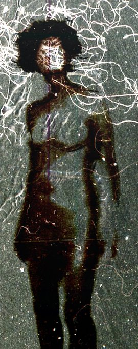 A dark, gothic photograph of a woman in shadow with bright white scribbled lines overlaying the image, creating an ethereal, haunting artistic effect.