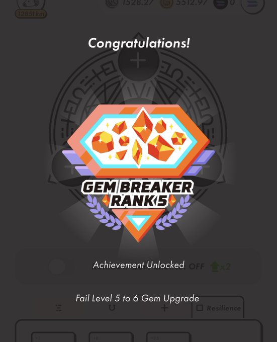 An "Congratulations!" screen from a mobile game, showing an achievement unlocked for "GEM BREAKER RANK 5," featuring a large orange gem on a badge with wings and laurels.