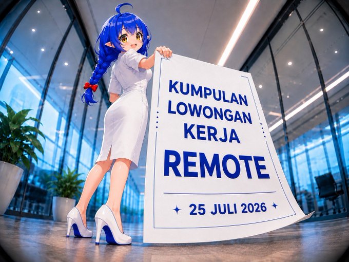 An anime-style character with blue hair holds a sign reading 'KUMPULAN LOWONGAN KERJA REMOTE 25 JULI 2026' in an office lobby.