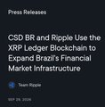 A dark press release notification from 'Team Ripple' stating 'CSD BR and Ripple Use the XRP Ledger Blockchain to Expand Brazil's Financial Market Infrastructure.'