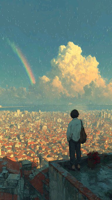 The image features a man standing at the top of a building with his back to the camera, overlooking a cityscape below him. The sky above them is filled with clouds, creating an atmospheric backdrop for the scene. The man appears to be looking out over the city and possibly contemplating something or simply enjoying the view.