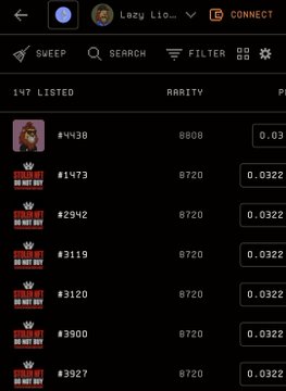 A mobile app screenshot displays a list of 147 listed NFT items with 'Lazy Li...' username, showing ranked entries numbered #4438 through #3927 with values of 8720 and prices around 0.0322.
