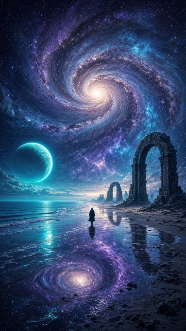 A digital fantasy artwork depicting a figure standing on a reflective shoreline beneath a vibrant purple and blue spiral galaxy, with ancient arches and a teal planet.