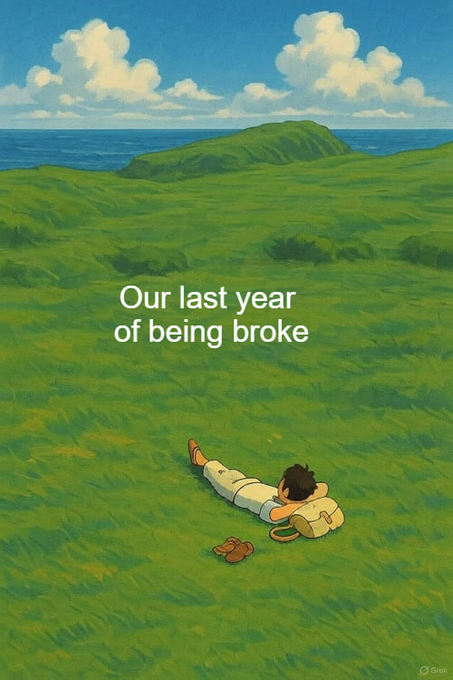 An animated Studio Ghibli-style illustration of a person lying in a green field with a backpack, looking out at the ocean, with text reading 'Our last year of being broke'.