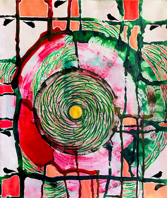 Abstract painting featuring a prominent swirling green and pink circular pattern with a yellow center, overlaid with a black grid pattern and small bird silhouettes against a white background.