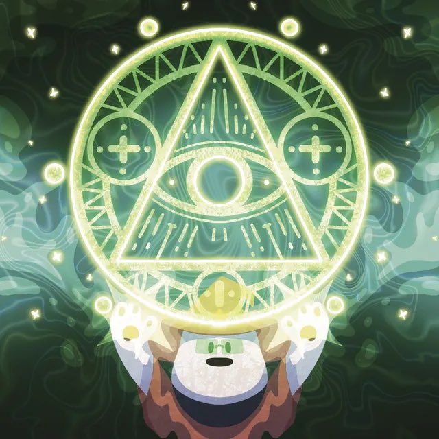 An illustration of a character holding up a glowing, intricate yellow-green circular emblem featuring a triangle and an eye design, set against a dark, swirling background.