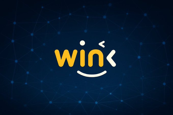 A stylized "WINk" logo featuring a smiling face design in yellow and white is displayed against a dark blue background with a network-style mesh pattern. The friendly, approachable branding visually reinforces WINkLink's message of expanding accessibility and reliability in their price feed services for developers.