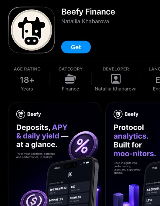 An App Store listing for 'Beefy Finance' by Natalia Khabarova, an 18+ Finance app, featuring preview images that highlight 'Deposits, APY & daily yield' and 'Protocol analytics. Built for moo-nitors.'